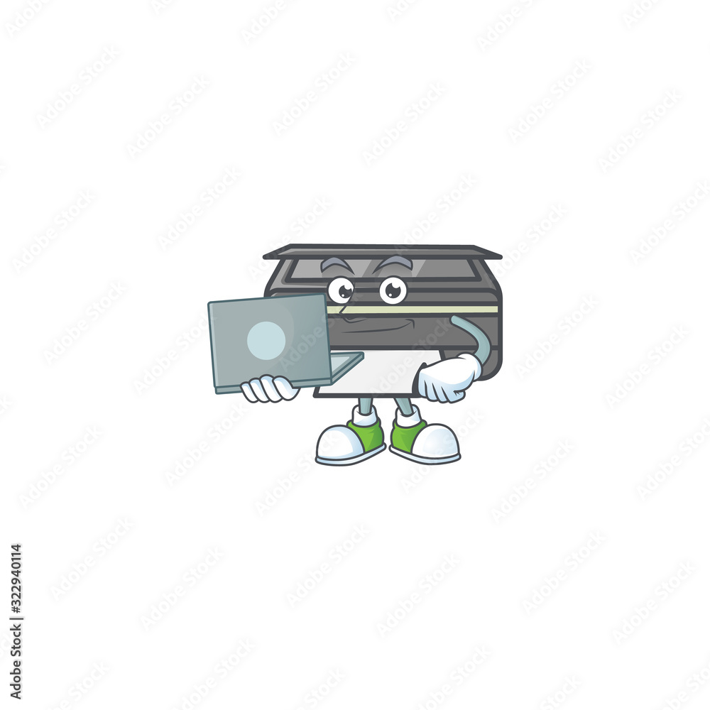 Sticker A smart printer mascot icon working with laptop