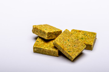 Dehydrated bouillon stock cube salty meat and vegetables