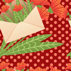 Seamless pattern paper envelope with red flowers spring creative abstract design element flat vector illustration on red dotted background