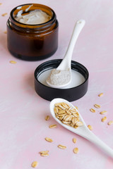 Hygiene bath product. Body, face scrub with biological oats. Wellness therapy regeneration