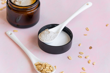 Hygiene bath product. Body, face scrub with biological oats. Wellness therapy regeneration