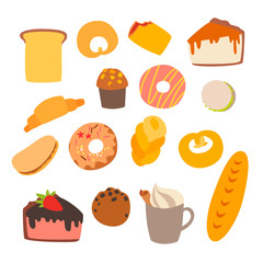 Bakery icon menu vector illustration. Cake with cute faces and sashimi set. Chocolate muffin and puff pastry food. Cheesecakes and baguette culinary collection. Isolated on white background