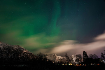 Night landscape photo with mountains and forest, northern light in the sky. Northern Norway.