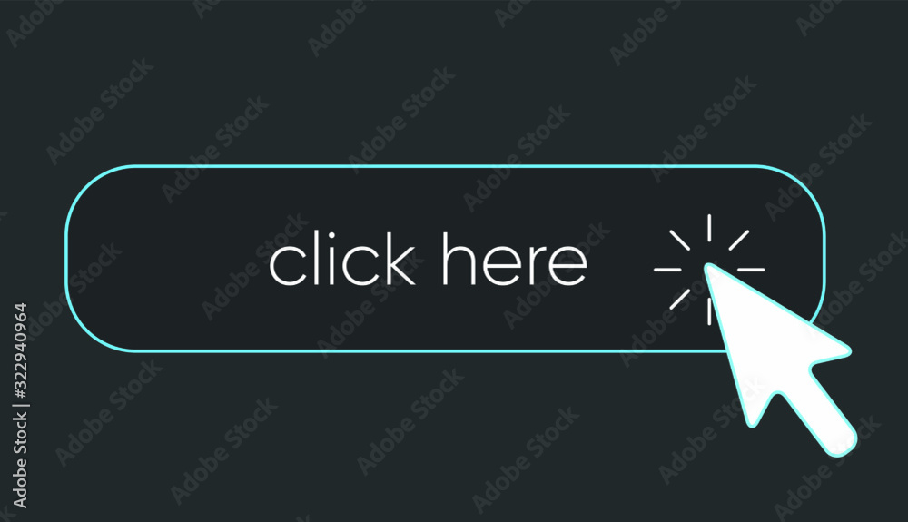 Poster click here banner. web button with action of hand pointer. click here, ui button concept. vector ill