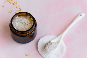 Hygiene bath product. Body, face scrub with biological oats. Wellness therapy regeneration