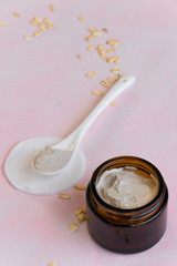 Hygiene bath product. Body, face scrub with biological oats. Wellness therapy regeneration
