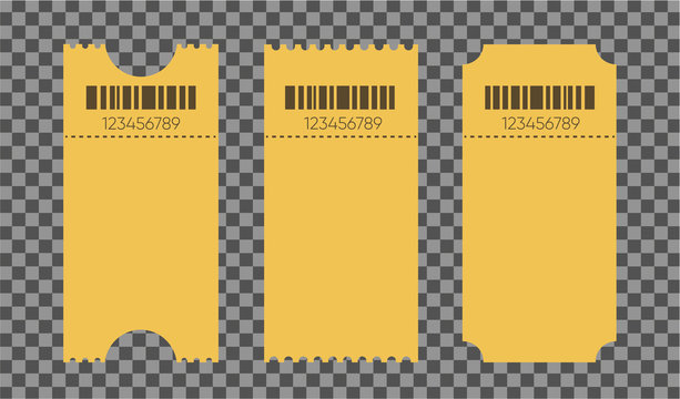 Blank tickets mockup for entrance to the concert. Set of empty ticket templates isolated on transparent background. Illustration 