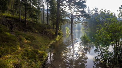 Obraz premium A peaceful view on an Alpine valley in Austria. The valley has a Green Lake in the middle. Early spring in the mountains. The calm surface of the lake reflects dense forest. Magical and mysterious