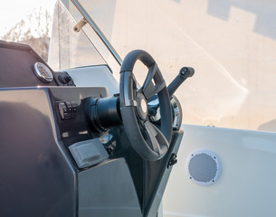 instrument panel and steering wheel of motor boat