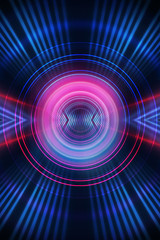 Dark abstract futuristic background. The geometric shape of the rectangle in the middle of the scene. Neon blue-pink rays of light on a dark background