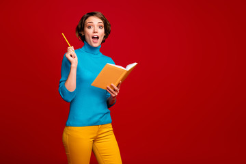 Astonished girl hipster make notes write project copy book have brilliant idea scream wow omg raise pencil up wear blue jumper yellow pants trousers isolated shine red color background