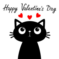 Happy Valentines Day. Cat looking at three red heart set. Cute cartoon funny character. Kawaii pet baby animal. Black silhouette sticker print. Flat design. White background.