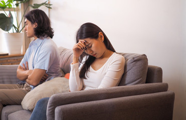 Obraz premium Couples feel angry and sad after fighting family problems. Selfish husbands and unhappy young wives bored with bad relationships.