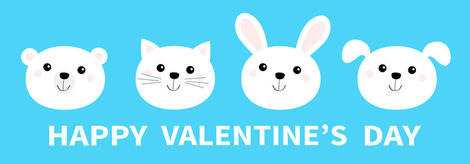 Happy Valentines Day. Bear, cat, dog, rabbit. Animal head face round icon set line. White color. Cute cartoon kawaii funny baby character. Flat design. Isolated. Blue background.