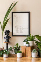 Stylish composition of retro living room interior with a lot of plants in different pots and black mock up poster frame on the beige wall. Vintage home decor. Minimalistic concept. Template.