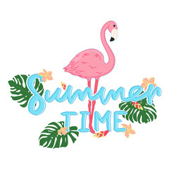 cute cartoon pink flamingo on white background, wild tropical bird with exotic leaves and flowers, hand lettering, editable vector illustration for summer time decoration, banner, poster, print