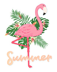 cute cartoon pink flamingo on white background, wild tropical bird with exotic leaves and flowers, hand lettering, editable vector illustration for summer decoration, banner, poster, print