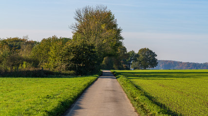Fototapeta na wymiar A rural road across the fields near Muelheim an der Ruhr, North Rhine-Westfalia, Germany