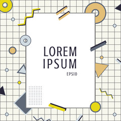 Fototapeta premium Creative template rectangle frame border yellow, gray and black geometric circle, triangle, line on grid background memphis style.