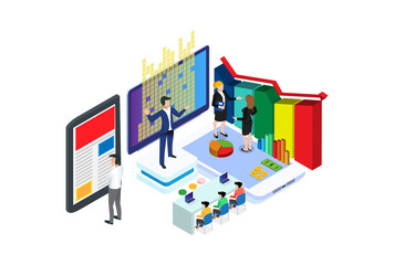 Isometric Business Training Event Remote Corporate teaching Meeting learn Isometric People 3D Webinar Online Manager Web Event Conference Tablet App Leadership finance employee Training Session Vector