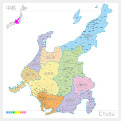 中部の地図・Chubu（色分け）