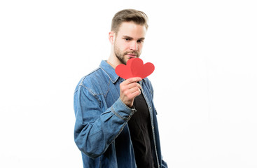 Romantic macho. Guy well groomed hold heart white background. Man with beard celebrate valentines...