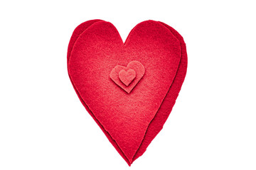 A red heart-shaped felt material on white background, top view for Fathers Day or Valentines Day or Mother's Day