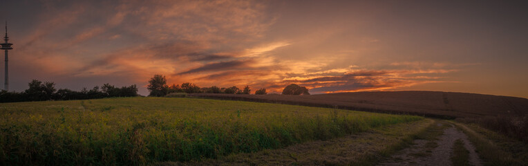 Fototapeta premium HDR Panorama über Feld mit Sonnenuntergang.
