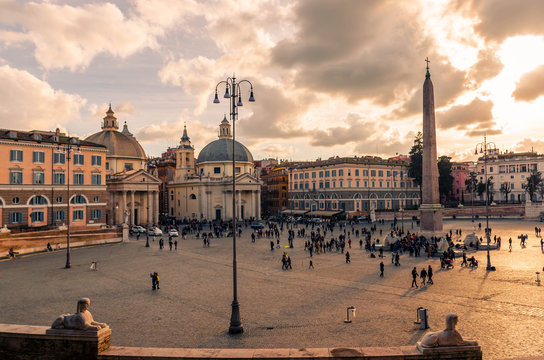 Rome Italy -View of piazza del Popolo (Popolo square) in Rome and Santa Maria in Montesanto and Santa Maria dei Miracoli.