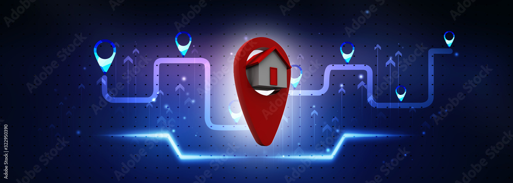 Poster 3d illustration search for property.a map with large red gps pointer containing