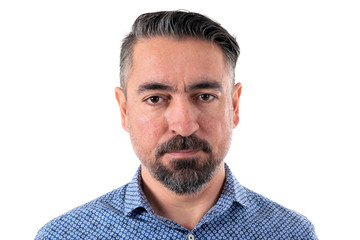 Obraz premium Portrait of confident man wearing blue shirt. No filters or edits.