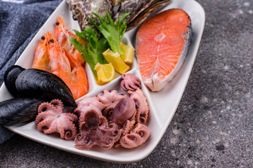 Set of various seafood in plate