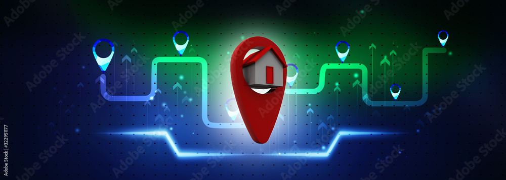 Poster 3d illustration search for property.a map with large red gps pointer containing
