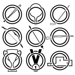 Fototapeta premium A set of nine icons with a sports inventory for the day of sports. Baseball bat, hockey stick, ping pong racket, medal, Cup, pedestal, etc.
