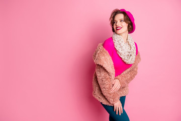 Portrait of charming attractive french girl look good copyspace enjoy free weekend time dream wear...