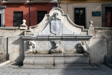 Granada Spain, Old town square fountain with carvings