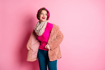 Portrait of pretty lovely girl enjoy winter weekend look good copy space wear bright jumper blue outfit isolated over pink color background