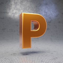 Golden letter P uppercase on metal textured background.