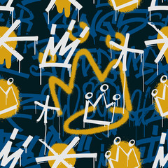 Graffiti seamless pattern with crown images and calligraphy background. Abstract graffiti tags and aerosol spray paint splatter backdrop. Use for poster, t-shirt , textile, wrapping paper. © alexandertrou