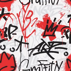 Tapeten Graffiti Nahtloses Muster der Graffiti in der schwarzen und roten Farbe lokalisiert auf weißem Hintergrund. Abstrakte Graffiti-Tags und Aerosol-Sprühfarbe Splatter-Hintergrund. Verwenden Sie für Poster, T-Shirts, Textilien, Geschenkpapier.