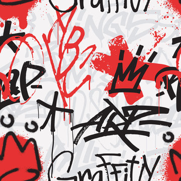 Graffiti seamless pattern in black and red color isolated on white background. Abstract graffiti tags and aerosol spray paint splatter backdrop. Use for poster, t-shirt , textile, wrapping paper.