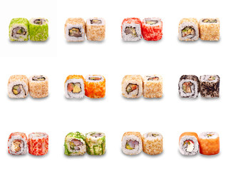 Japanese food restaurant delivery, sushi set front view. Isolated on white background with shadows.