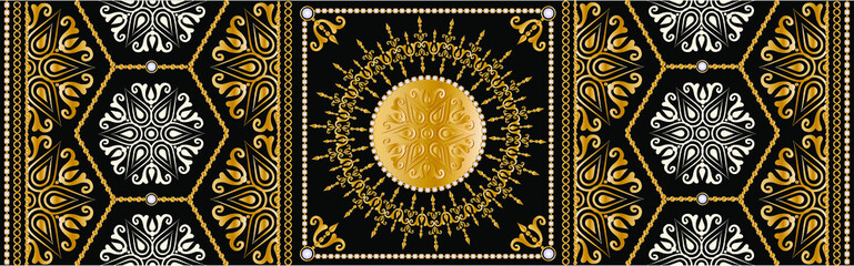 Seamless pattern decorated with precious stones, gold chains and pearls.	
