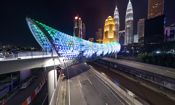 new attraction at kuala lumpur, saloma link bridge lit at night aerial view