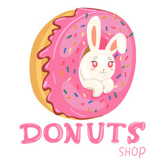 A rabbit in a donut. Donut shop logo. Vector graphics.