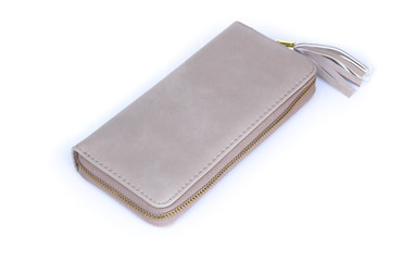 Closeup modern grey woman wallet fashion on white background