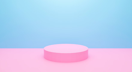 Abstract geometric shape background. 3d Pink blank empty podium isolated on blue wall scene for showcase and presentation. 3d cylinder for award ceremony. Blank minimal design. Pedestal for display.