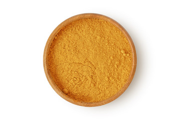 Turmeric in wooden bowl on white background