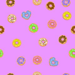 Seamless pattern with donuts on a purple background. Vector graphics.