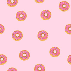 Seamless pattern with donuts on a pink background. Vector graphics.